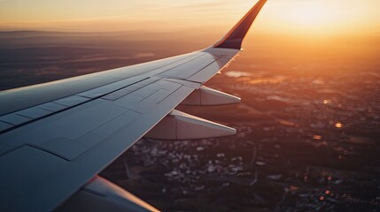 Fototapeta premium A close-up of an airplane wing with a blurred landscape in the background for copy.