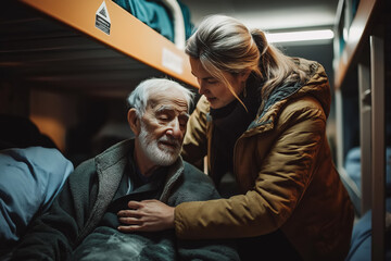 Caring young woman comforting elderly man in homeless shelter, compassion, support, humanity concept