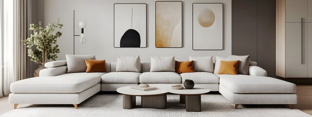 Sophisticated and Stylish Modern Living Area Showcasing a Plush L Shaped Sectional Sofa Muted Color Palette