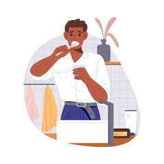 Cartoon man brushing teeth at bathroom. Vector male brush mouth or doing oral protection routine. Toothpaste and toothbrush clean procedure. Morning whitening or daily wash. Dental and dentistry