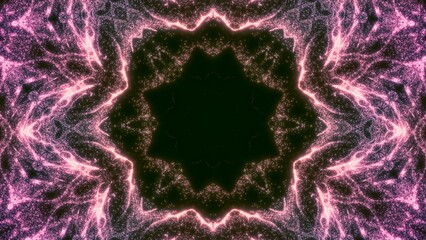 blütenförmiges leuchtendes kaleidoskopisch Muster,  Mandala, Grafik, sternförmig, Dekoration, Muster, pink, violett, gold, braun, schwarz
