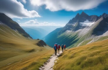 Obraz premium Banner. A group of people with backpacks are walking along a mountain ridge overlooking a stunning mountain landscape.