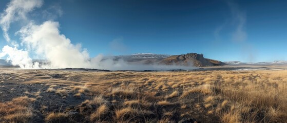 Geothermal Steam Erupting from Distant Landscape Features