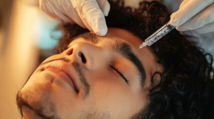 Fototapeta premium Young man undergoing facial cosmetic injection procedure, beautician inserting syringe into forehead, beauty treatment concept