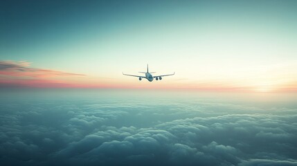 A distant airplane in the sky with an expansive, empty backdrop for text.
