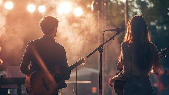 A duet singing on a scenic outdoor stage with space in the background for text.
