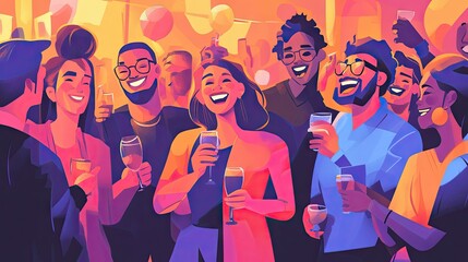 A group of people at a party, all smiling and enjoying themselves, with space around for text.