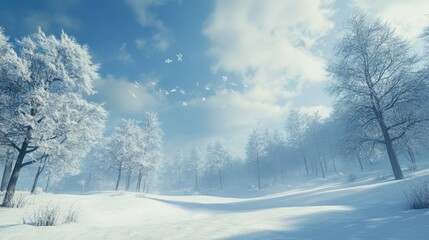 Fototapeta premium A gusty, cold wind blowing through a snow-covered forest with an ample sky for text.