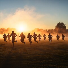 Fototapeta premium Cinematic Dawn Drama: Football Team Running Sprints with Fog and Rising Sun