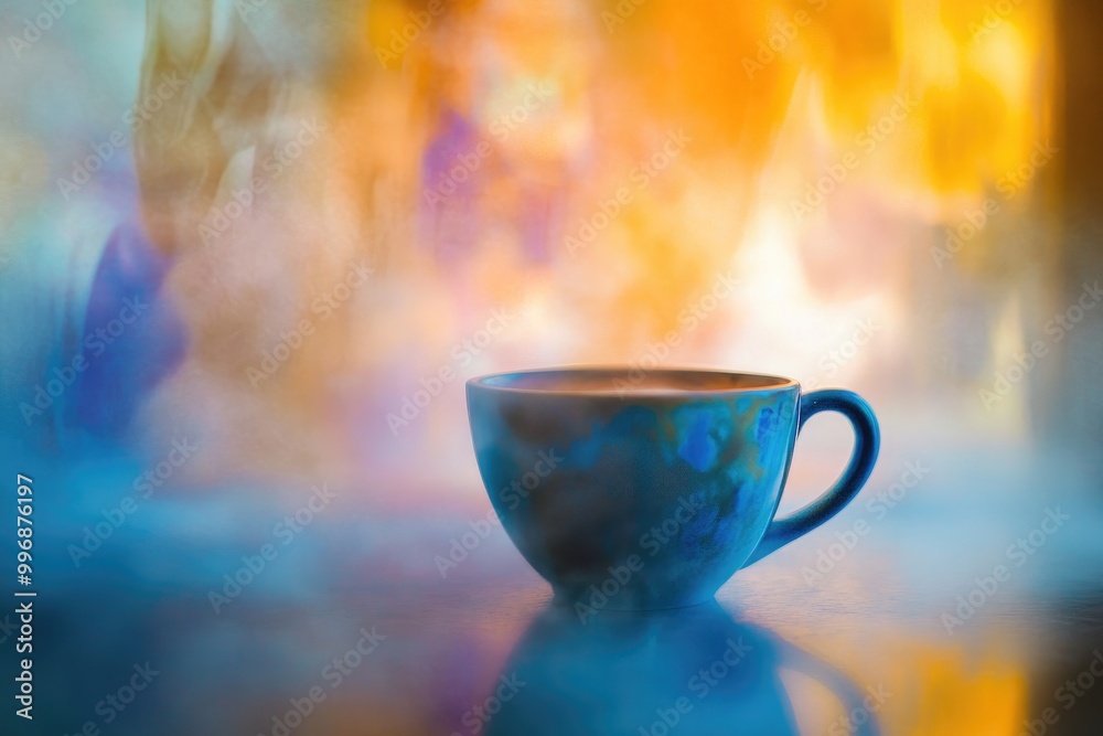 Canvas Prints A Blue Mug with Steam in Front of a Blurred, Multicolored Background