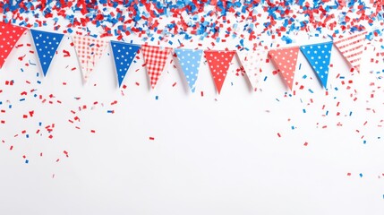 Colorful triangle flags and confetti on a white background. for festive celebration.