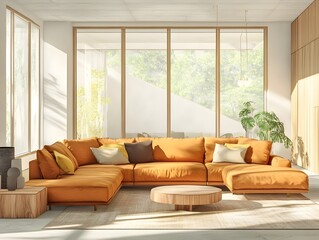 Obraz premium Spacious and airy contemporary living area showcasing a sprawling wraparound sofa in a rich fabric clean lined and uncluttered design with natural wood accents