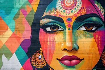 A modern street-art-inspired Lakshmi mural, blending graffiti-style elements with traditional symbolism, featuring bold lines, vibrant colors, and an urban aesthetic