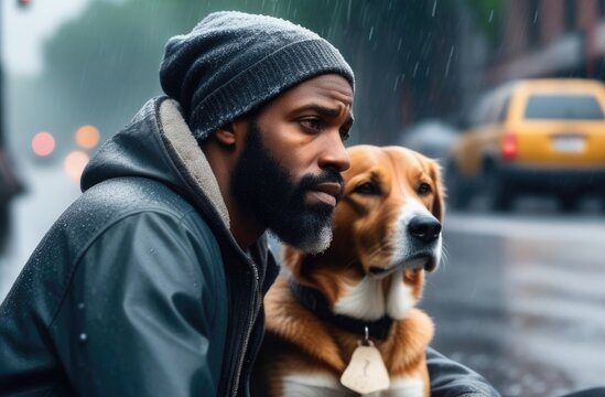 Close-up. Sad African American man sitting outside in the rain with a dog.
