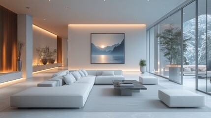 Fototapeta premium Modern business lounge in white tones, abstract art on walls, soft lighting