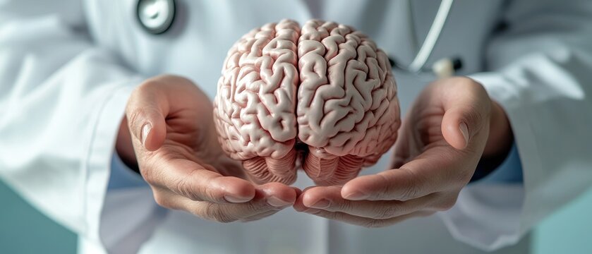 Doctor Holding a Anatomical Brain Model on Blue Background with Copy Space.