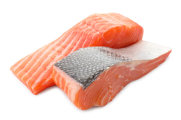 Pieces of fresh salmon isolated on white