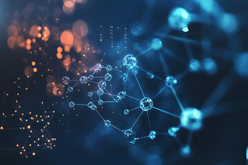 
An abstract digital background image featuring molecular structures, geometric shapes, and modern data connections, symbolizing the fusion of healthcare and technology, innovation, and modern medicin