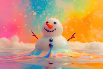 Obraz premium A Smiling Snowman Melting into a Colorful Abstract Pool