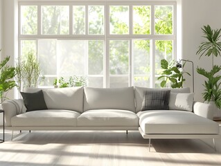 Spacious and airy contemporary living room featuring a sprawling wraparound sofa in a neutral tone sleek and uncluttered decor with pops of greenery