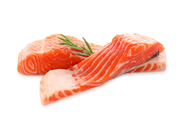 Pieces of fresh salmon and rosemary isolated on white