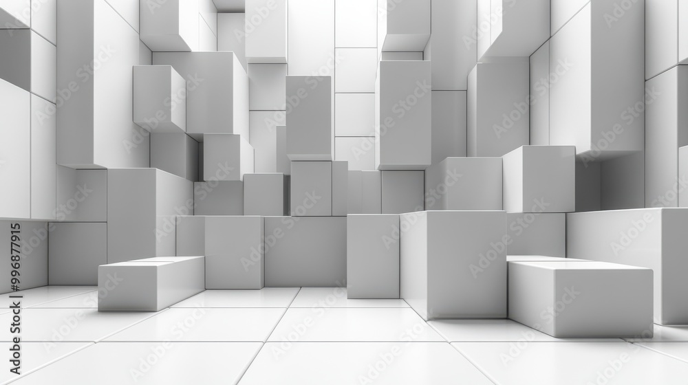 Poster solid white backdrop with minimalistic 3d cubes, adding depth and dimension to clean visuals.