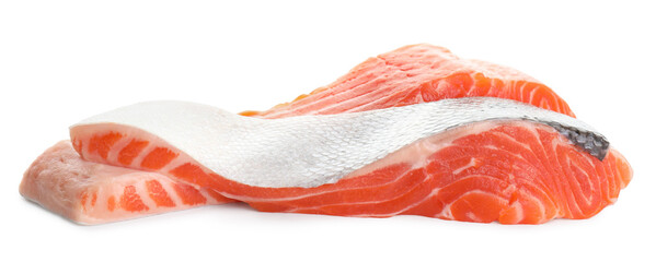 Pieces of fresh salmon isolated on white