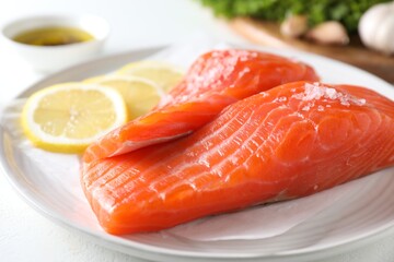 Pieces of fresh salmon with salt and lemon on white table, closeup