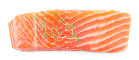 Piece of fresh salmon with thyme isolated on white, top view