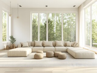 Spacious and airy contemporary living room with a modular sectional sofa in a soft tone complemented by minimalist Scandinavian inspired decor and natural wood accents