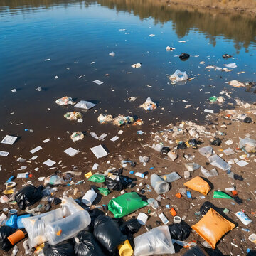 Polluted water and coast with plastic waste