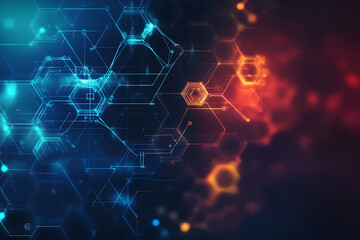 
An abstract digital background image featuring molecular structures, geometric shapes, and modern data connections, symbolizing the fusion of healthcare and technology, innovation, and modern medicin