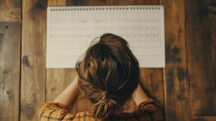 A person staring at a blank calendar or planner with ample background space for text.