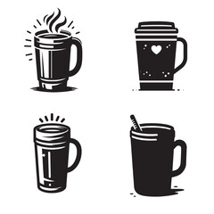 Black and White Insulated Mug Outline Set, Coffee Lovers' Vector Set 