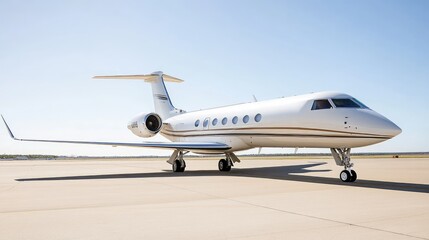 A private jet parked on the tarmac with a clean background providing space for text. -