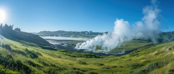 Geothermal Power Station with Steam and Green Landscape