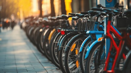 Fototapeta premium A row of bicycles parked neatly in a bike-sharing station, with a clear street view for copy.