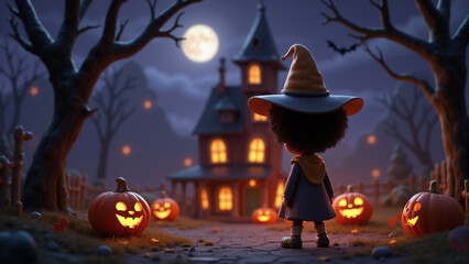 A charming 3D cartoon Halloween scene featuring a young African-American child dressed in a witch's costume standing before a haunted house. Full moon glows while jack-o'-lanterns line the eerie path.