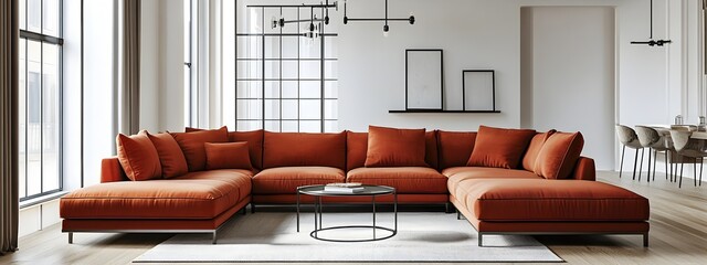 Stylish and comfortable modern living room with a large L shaped sectional sofa in a rich color tone featuring minimalist yet sophisticated decor with metal and glass accents