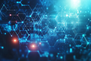 Obraz premium An abstract digital background image featuring molecular structures, geometric shapes, and modern data connections, symbolizing the fusion of healthcare and technology, innovation, and modern medicin