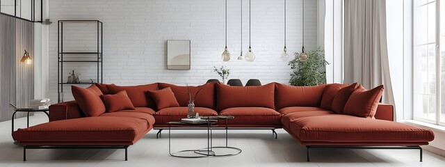 Stylish and Comfortable Modern Living Room with Large L Shaped Sectional Sofa Minimalist Yet Sophisticated Decor Featuring Metal and Glass Accents Bright and Airy Atmosphere and Cinematic Lighting