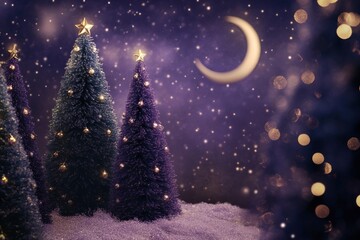 Fototapeta premium Elegant Christmas night scene with a Purple Basil color backdrop, stylized Christmas trees in deep violet