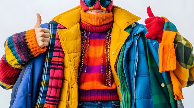 Person wearing multiple colorful layers of winter clothing, giving thumbs-up, bright outfit	