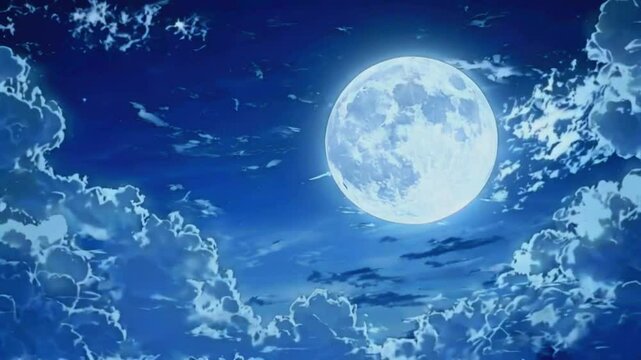 A pale, full moon shimmering, clouds reflect its glow. clouds is soft and slow, mystical but slightly unsettling feel, 4k 2D Flat Japanese Anime-style Halloween Background Animation Video