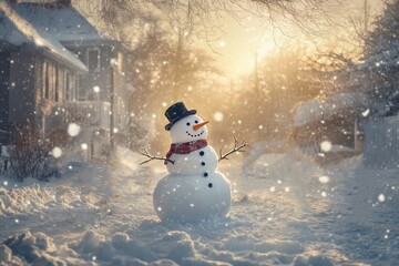 Fototapeta premium Snowman with a Top Hat and Scarf Standing in a Snowy Landscape
