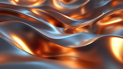 Futuristic abstract landscape of smooth molten metal curves, illuminated by soft, glowing light. No people, no logo.