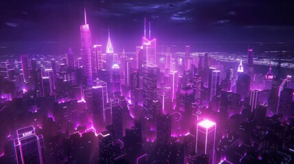 Obraz premium Futuristic cityscape illuminated in vibrant neon pink lights at night, showcasing skyscrapers under a dramatic sky
