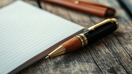 A tapered pen with a blank notebook in the background, offering space for copy.