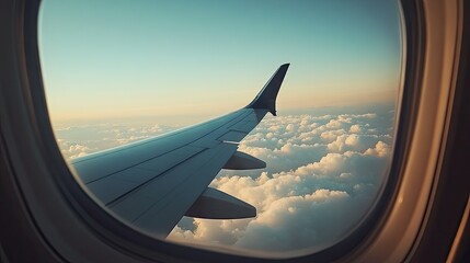 A view from an airplane window showing the wing and an empty sky for text.
