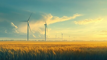A wind farm in the distance with a large, open sky and space for copy. -